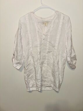 Cynthia Rowley White Embroidered Button-Down Linen Tunic Shirt Size Medium